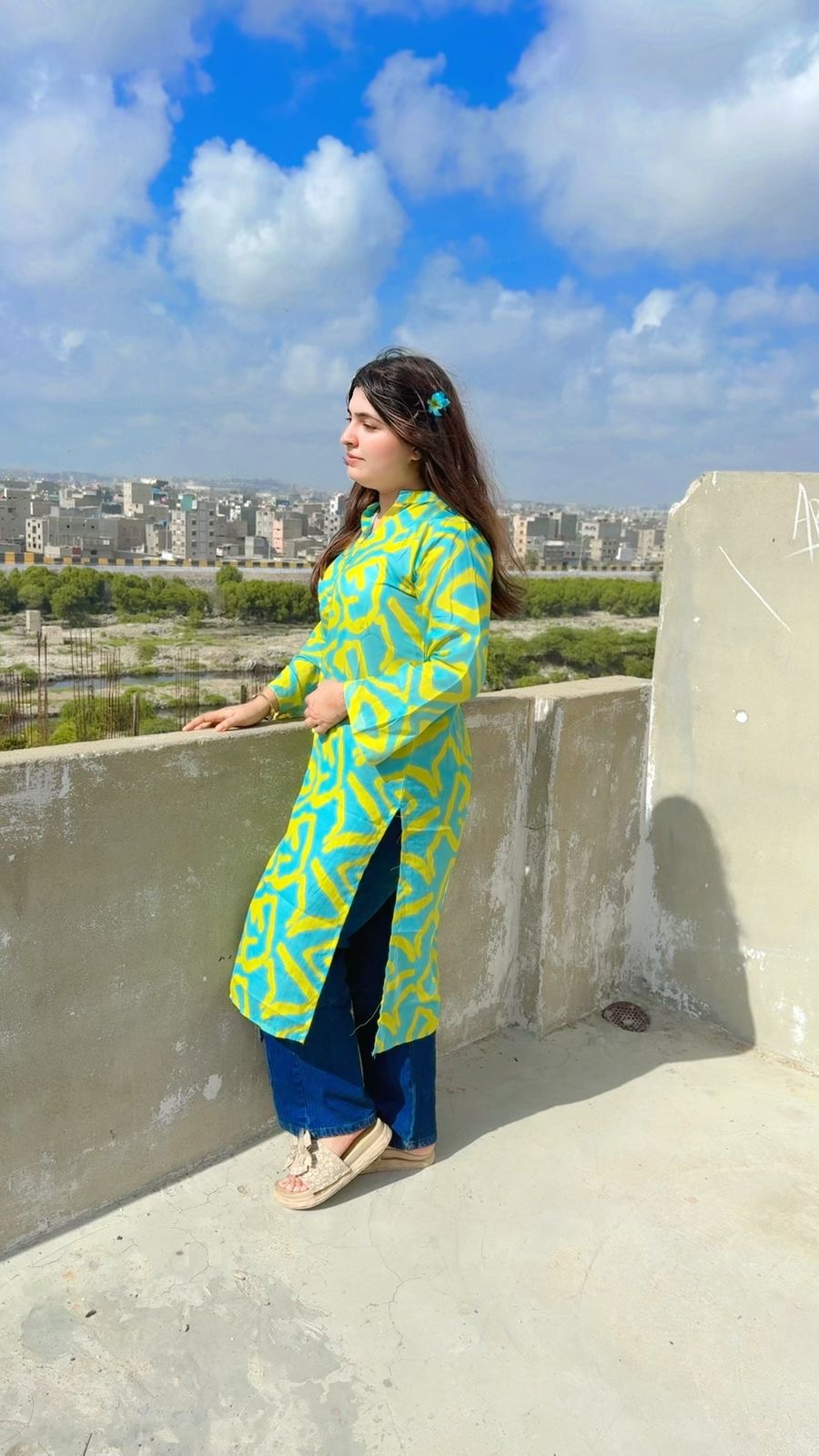 Green Yellow Print  Long Kurti
