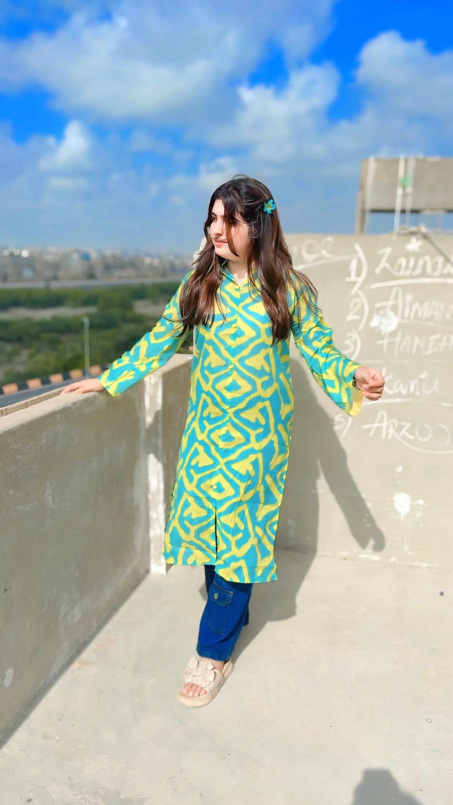 Green Yellow Print  Long Kurti