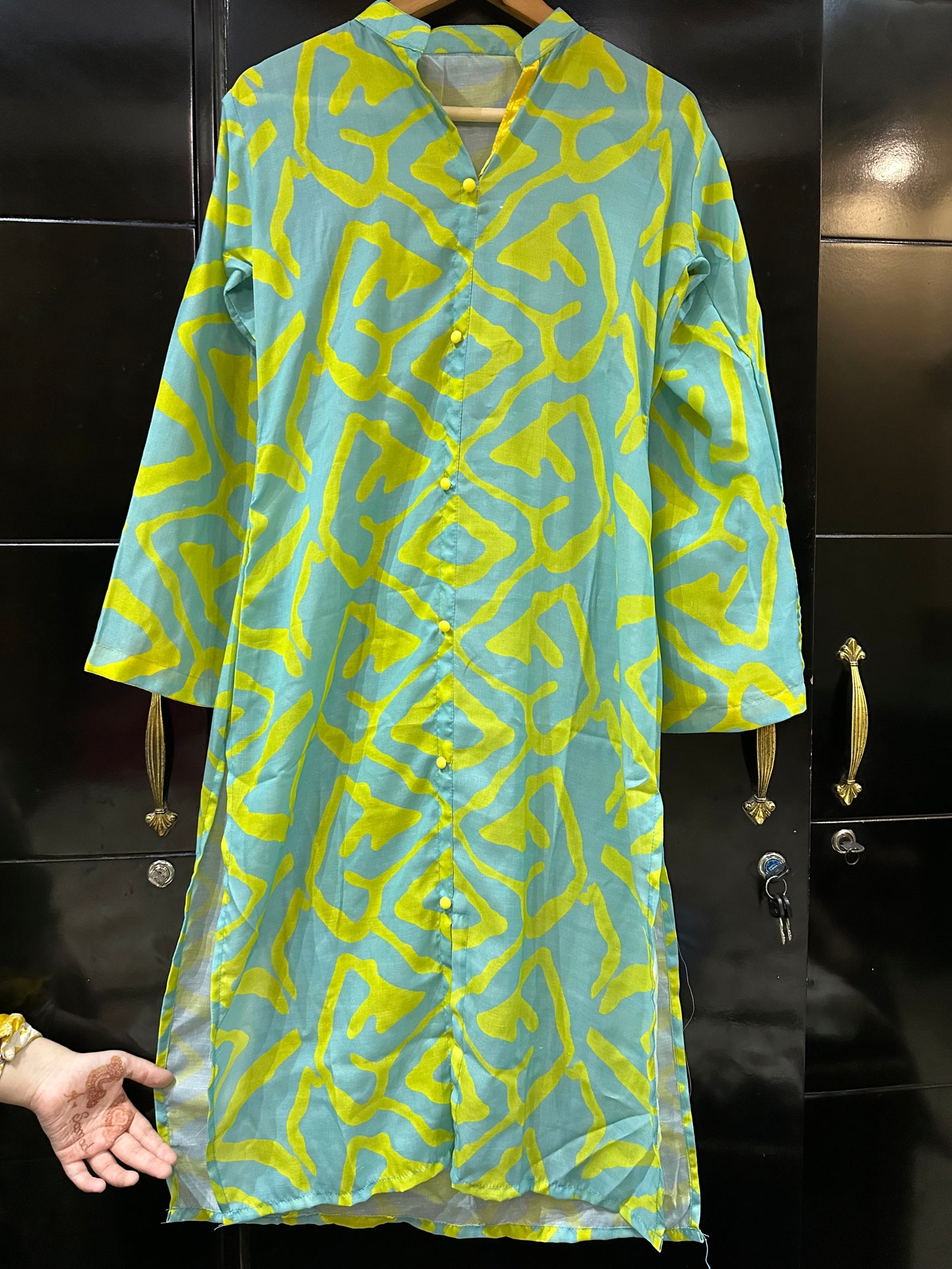 Green Yellow Print  Long Kurti