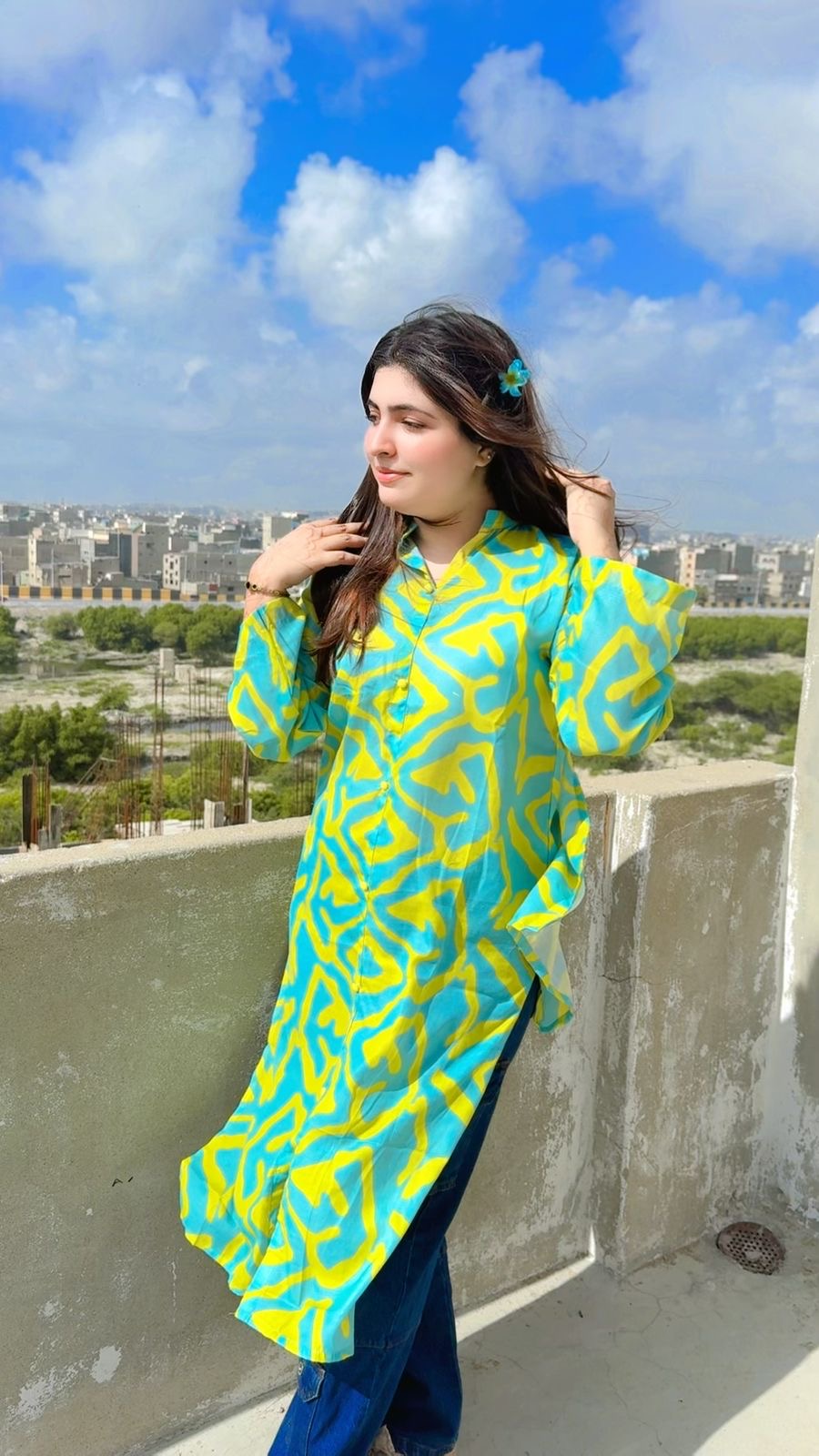 Green Yellow Print  Long Kurti