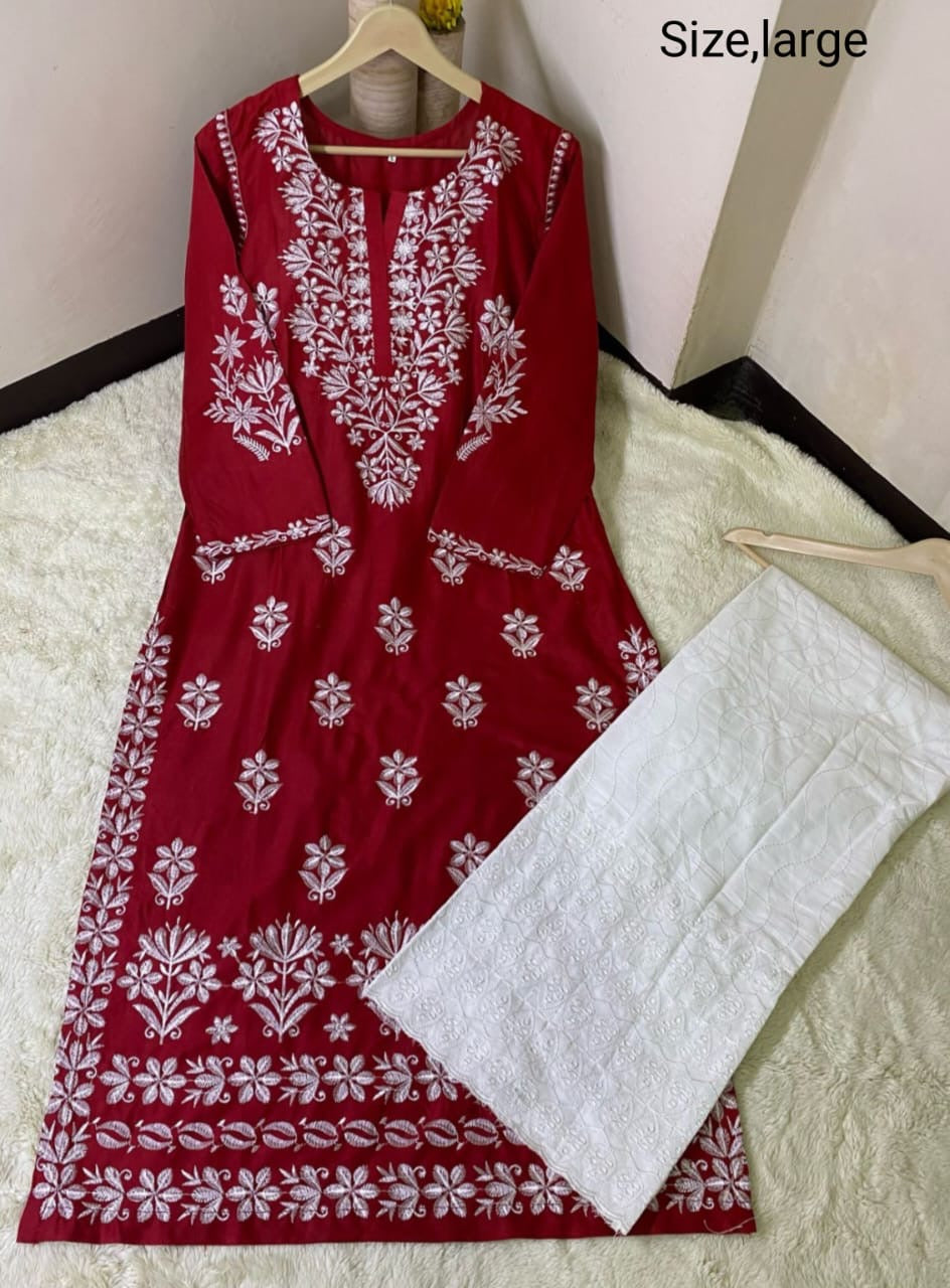 2 Pcs Desi Embroidery Kurti Summer Stuff long White Trouser