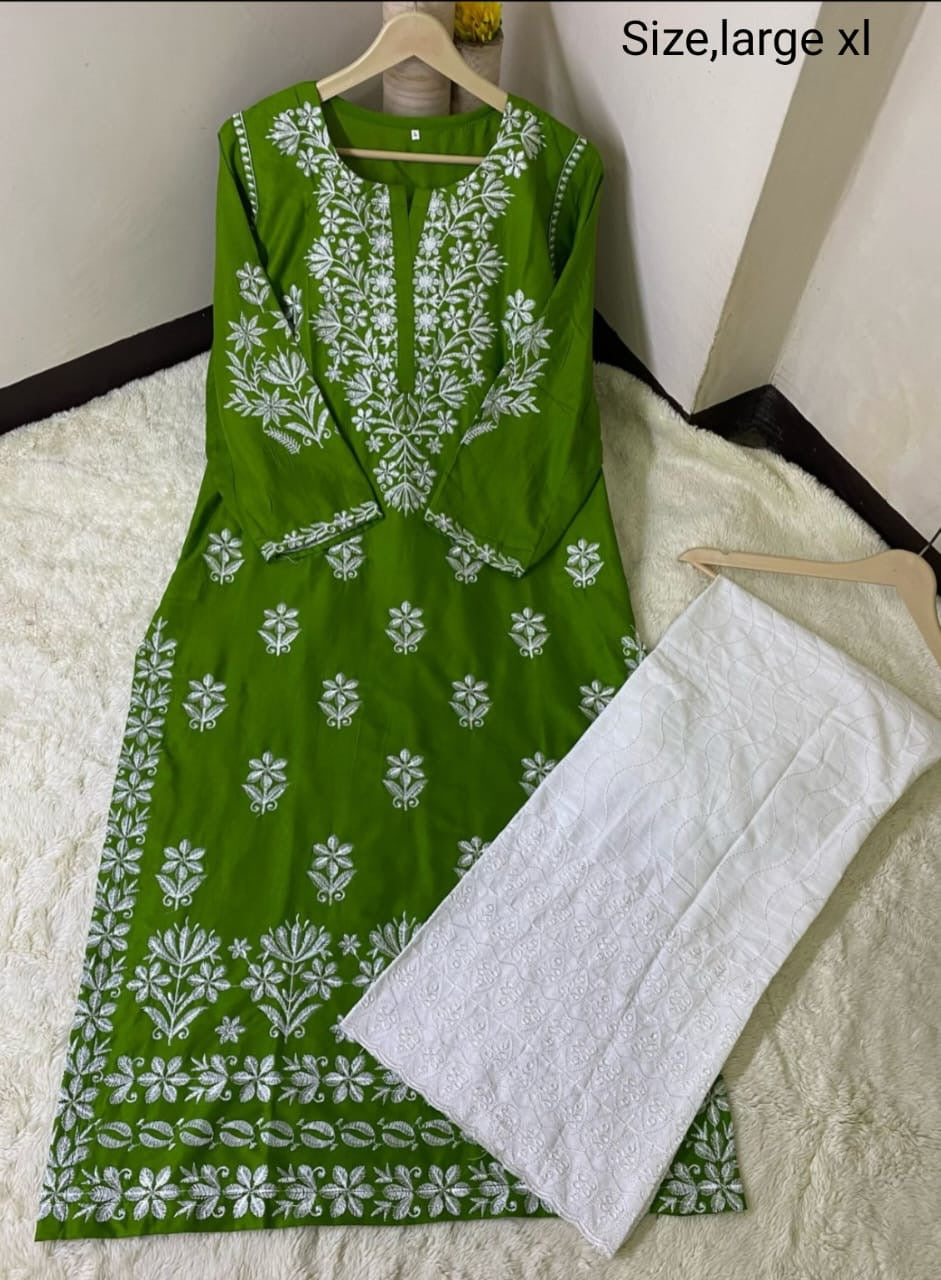 2 Pcs Desi Embroidery Kurti Summer Stuff long White Trouser