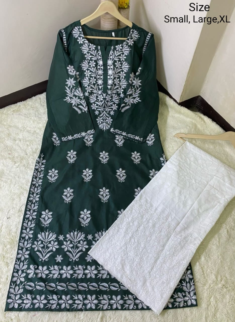 2 Pcs Desi Embroidery Kurti Summer Stuff long White Trouser