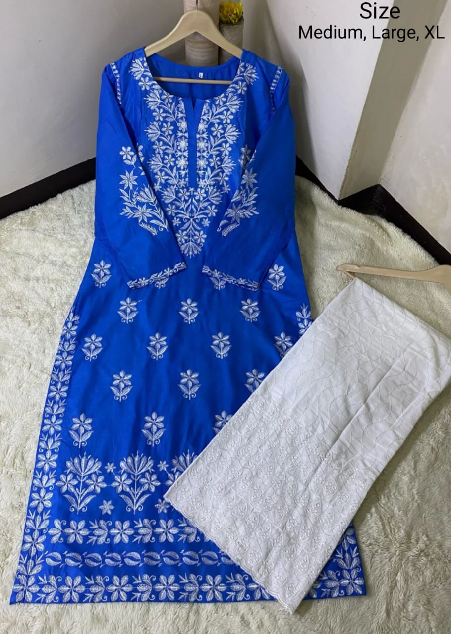 2 Pcs Desi Embroidery Kurti Summer Stuff long White Trouser