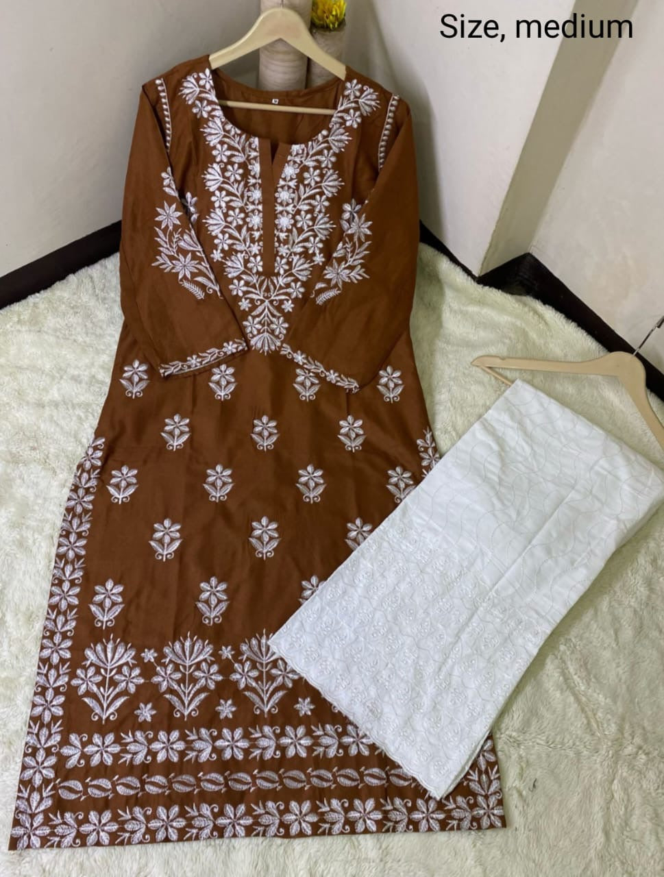 2 Pcs Desi Embroidery Kurti Summer Stuff long White Trouser