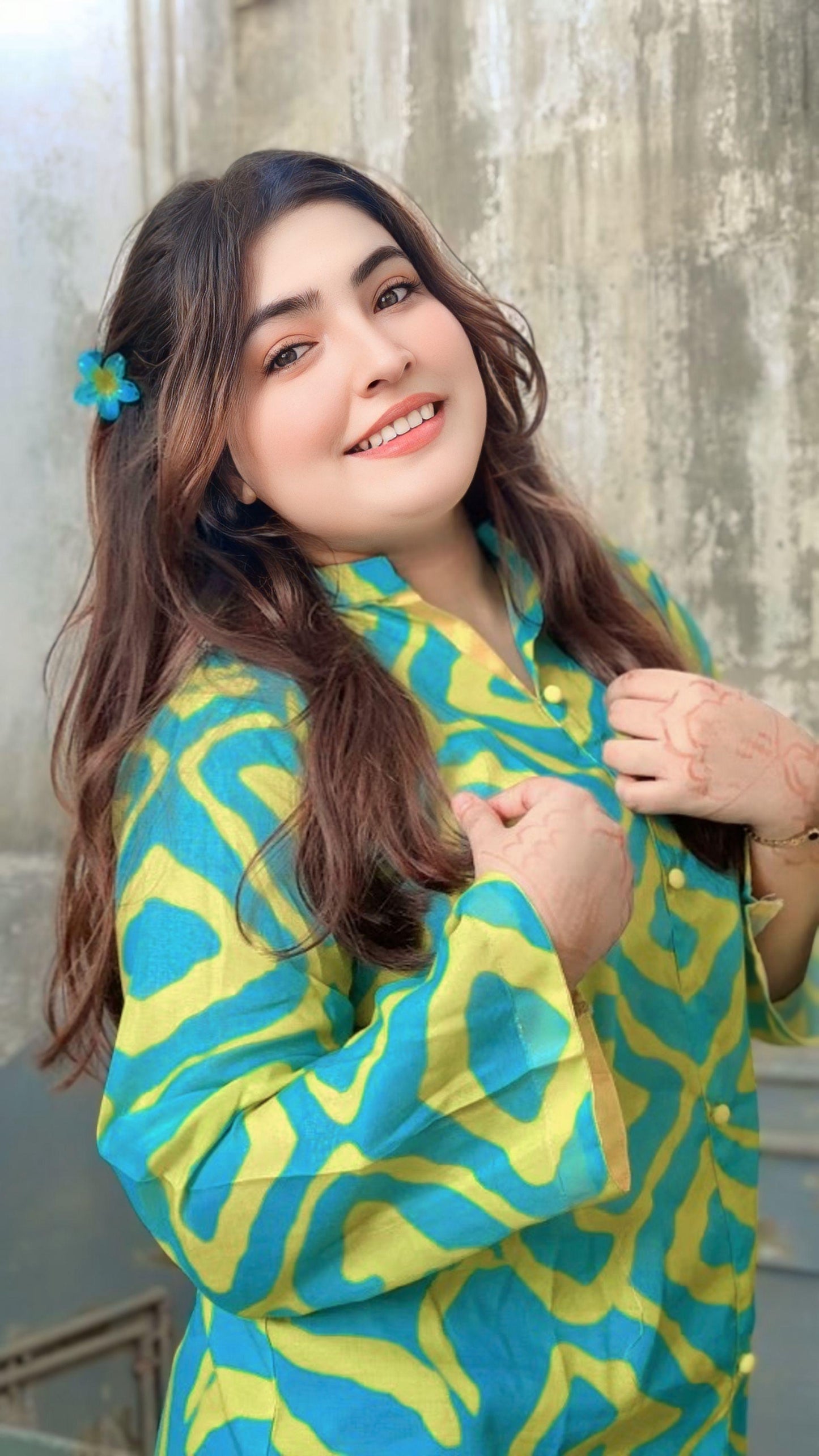 Green Yellow Print  Long Kurti