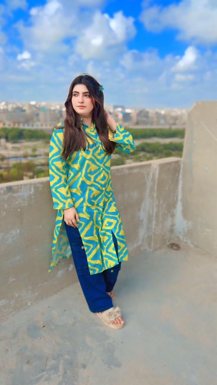 Green Yellow Print  Long Kurti