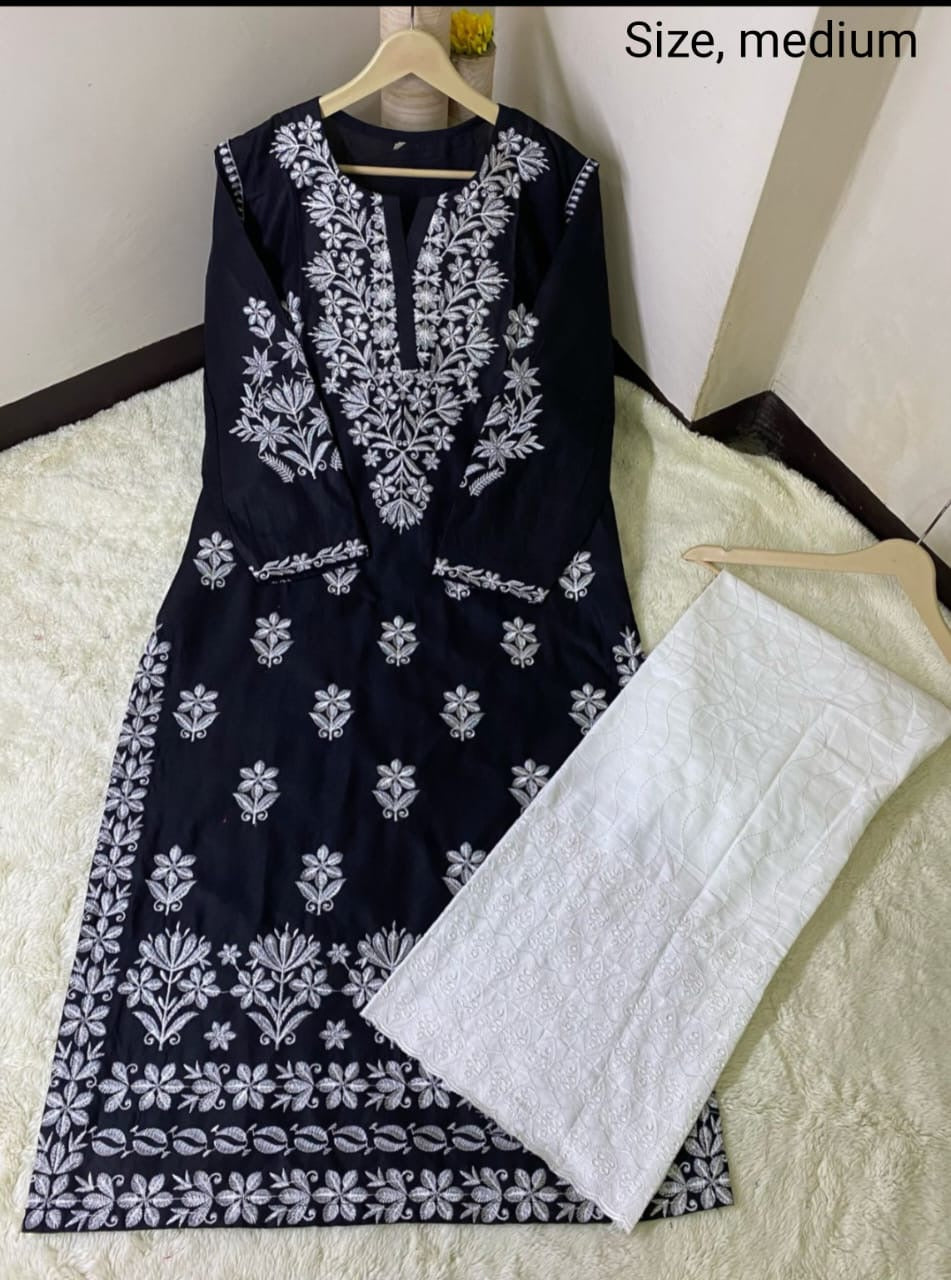 2 Pcs Desi Embroidery Kurti Summer Stuff long White Trouser
