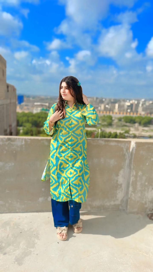 Green Yellow Print  Long Kurti