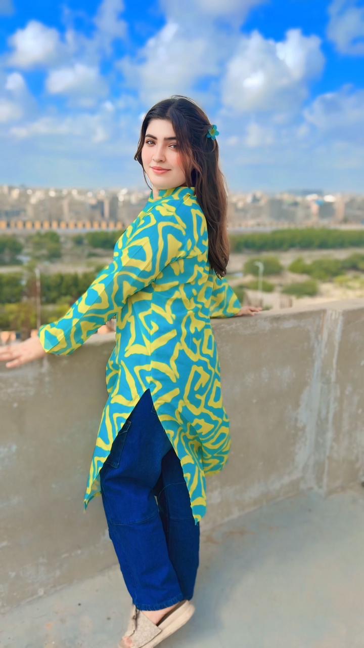 Green Yellow Print  Long Kurti